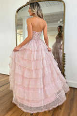 Blush Pink Sweetheart Lace-Up Prom Dress with Sparkling Tiered Tulle Skirt