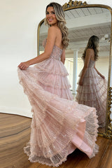 Blush Pink Sweetheart Lace-Up Prom Dress with Sparkling Tiered Tulle Skirt
