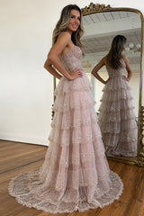 Blush Pink Sweetheart Lace-Up Prom Dress with Sparkling Tiered Tulle Skirt