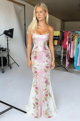 Romantic Floral Sequin Strapless Prom Gown with Pink and White Detailing