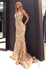 Gold Mermaid Prom Gown with Sparkling Embellishments and Strappy Back