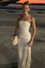 Chic Ivory Strapless Sheath Prom Gown with Draped Waist Detail and Slit