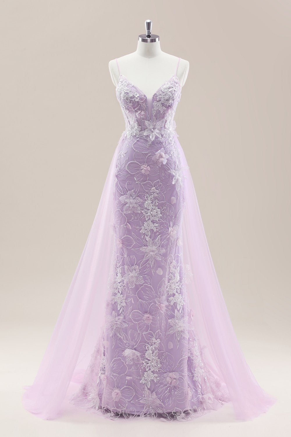 Elegant Lavender Floral Lace Spaghetti Straps Prom Dress with Tulle Overskirt