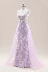 Elegant Lavender Floral Lace Spaghetti Straps Prom Dress with Tulle Overskirt