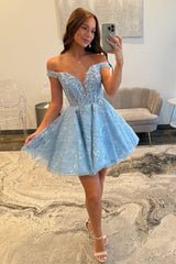 Luxury Light Blue Homecoming Dress with Lace Corset Bodice and Glitter Tulle Skirt