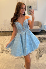 Luxury Light Blue Homecoming Dress with Lace Corset Bodice and Glitter Tulle Skirt