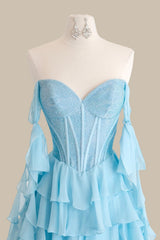 Elegant Light Blue Sweetheart Corset Prom Gown with Layered Ruffle Skirt