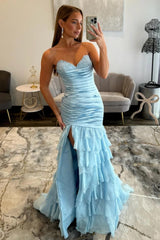 Light Blue Sweetheart Mermaid Prom Gown with Lace-Up Bodice and Ruffled Hem