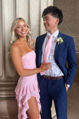 Light Pink Strapless Sheath Formal Prom Dress with Cascading Ruffle Skirt