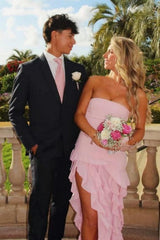 Light Pink Strapless Sheath Formal Prom Dress with Cascading Ruffle Skirt
