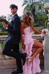 Light Pink Strapless Sheath Formal Prom Dress with Cascading Ruffle Skirt