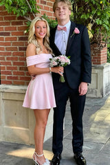 Romantic Pink Off Shoulder Homecoming Dress with Soft A Line Flared Skirt