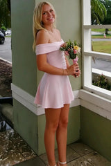 Romantic Pink Off Shoulder Homecoming Dress with Soft A Line Flared Skirt