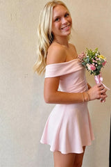 Romantic Pink Off Shoulder Homecoming Dress with Soft A Line Flared Skirt