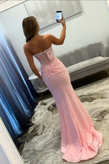 Chic Pink Mermaid Prom Dress with Sweetheart Corset Bodice and High Slit