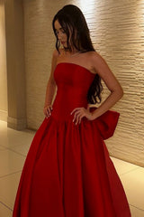 Romantic Red Strapless Ball Gown Prom Dress with Bow Accent Back