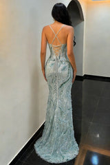 Sage Green Lace-Up Mermaid Prom Dress with Crystal Detail and High Slit