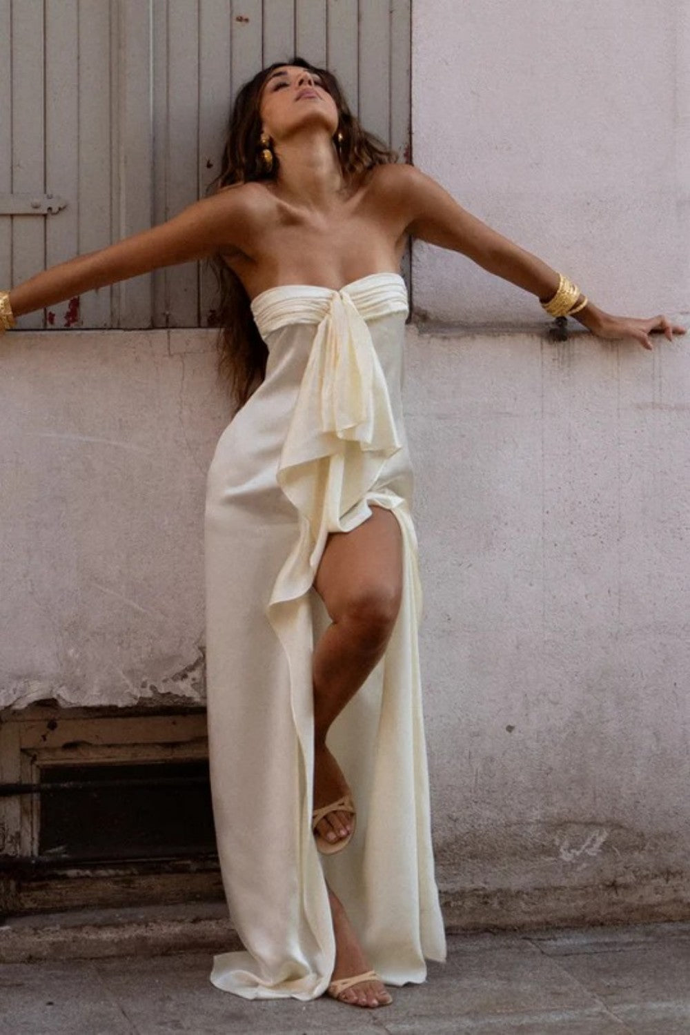 Strapless Satin Prom Dress with Dramatic Ruffle Layers and High Slit