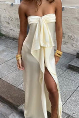 Strapless Satin Prom Dress with Dramatic Ruffle Layers and High Slit