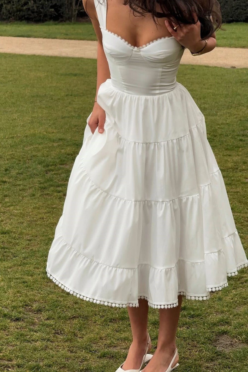 White Sweetheart A-Line Homecoming Dress with Tiered Midi Skirt