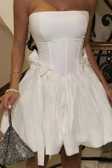 Romantic White Mini Ball Gown with Structured Corset Bodice and Puffy Skirt