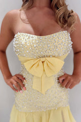 Romantic Yellow Strapless Homecoming Dress with Pearl Bow and Mini Skirt