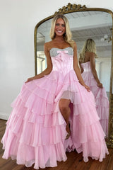 Chic Yellow A-Line Prom Dress with Layered Ruffle Skirt and Sparkle Detail