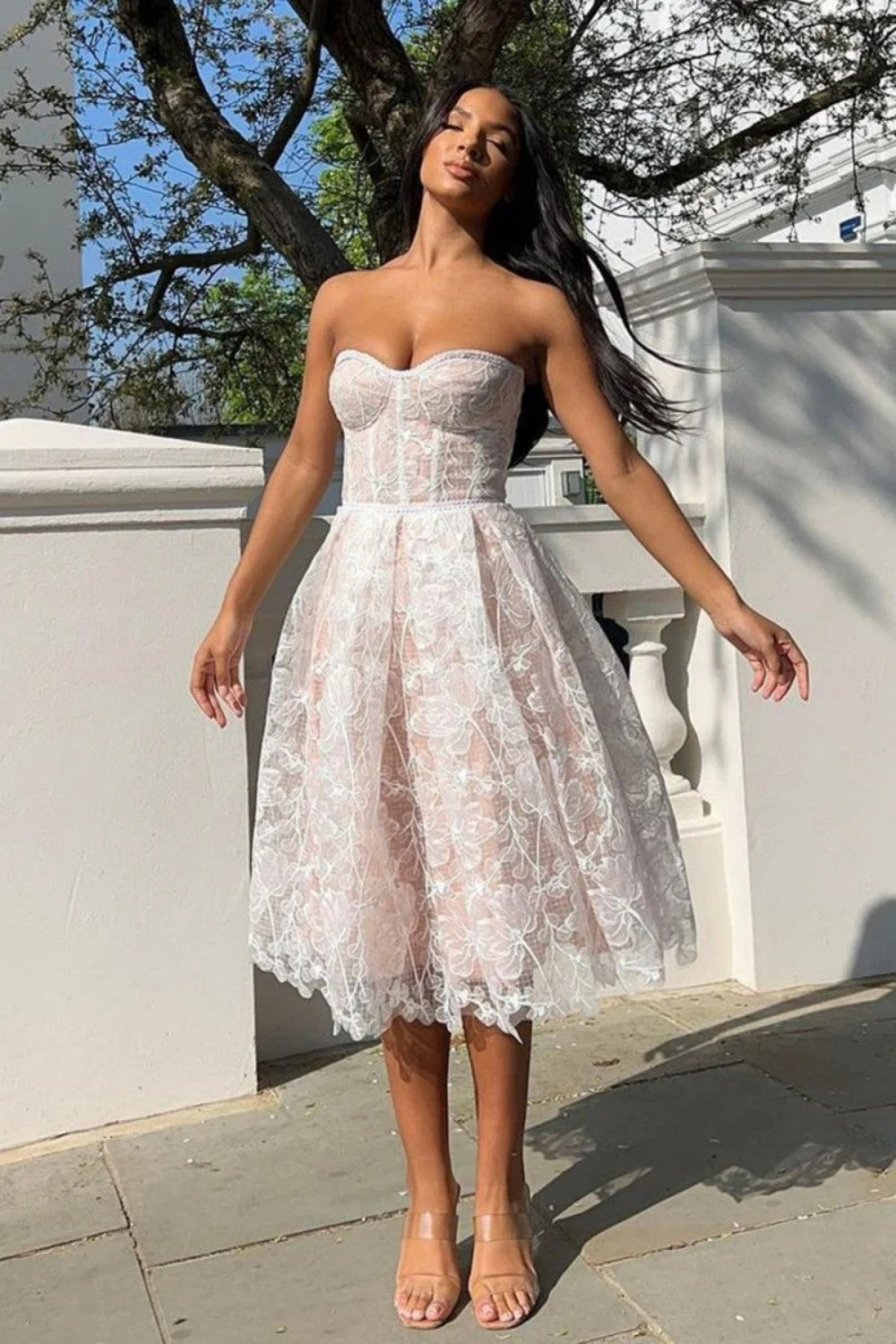 Sweet Strapless A Line Homecoming Dress with Lace Bodice and Flowy Skirt