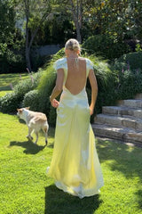 Stunning Yellow A-Line Party Gown with Deep V-Neck and Open Back