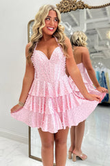 Chic Sparkle Homecoming Dress with Pearl Corset and Romantic Tiered Skirt