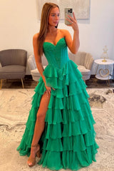 Emerald Green Sweetheart Corset Prom Dress with Tiered Ruffles and High Side Slit