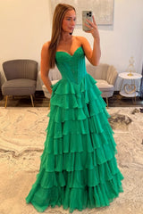 Emerald Green Sweetheart Corset Prom Dress with Tiered Ruffles and High Side Slit