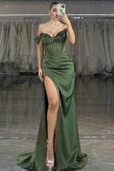 Elegant Emerald Off-Shoulder Prom Gown with Beaded Corset and Side Slit