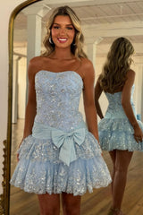 Dreamy Pink Glitter Homecoming Dress with Strapless Bodice and Sequin Detail