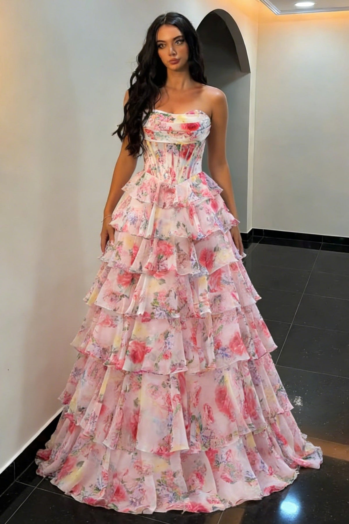 Stunning Pink Strapless Prom Dress with Floral Corset Bodice and Ruffled Skirt