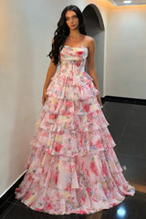 Stunning Pink Strapless Prom Dress with Floral Corset Bodice and Ruffled Skirt