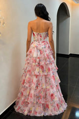 Stunning Pink Strapless Prom Dress with Floral Corset Bodice and Ruffled Skirt
