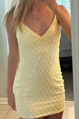 Glamorous Light Blue Sequin Mini Homecoming Dress with Spaghetti Straps