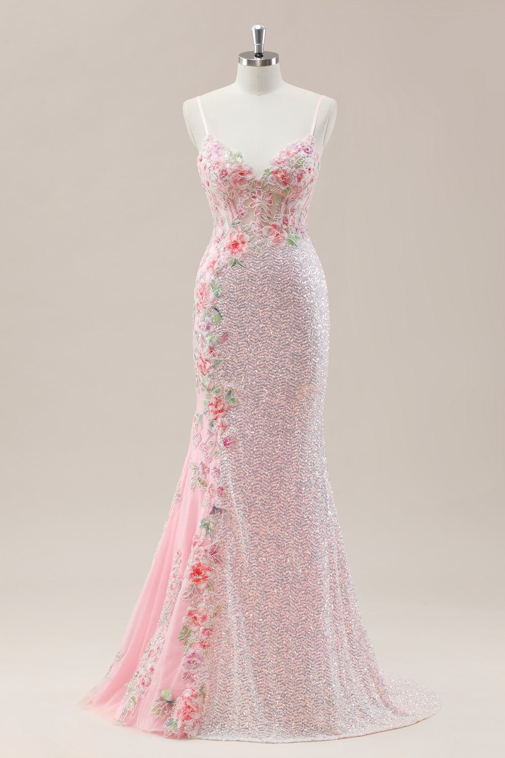 Floral Appliqué Pink Mermaid Prom Dress with Sparkle Sequins