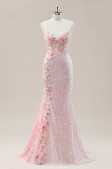 Floral Appliqué Pink Mermaid Prom Dress with Sparkle Sequins