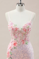 Floral Appliqué Pink Mermaid Prom Dress with Sparkle Sequins