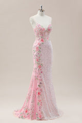 Floral Appliqué Pink Mermaid Prom Dress with Sparkle Sequins