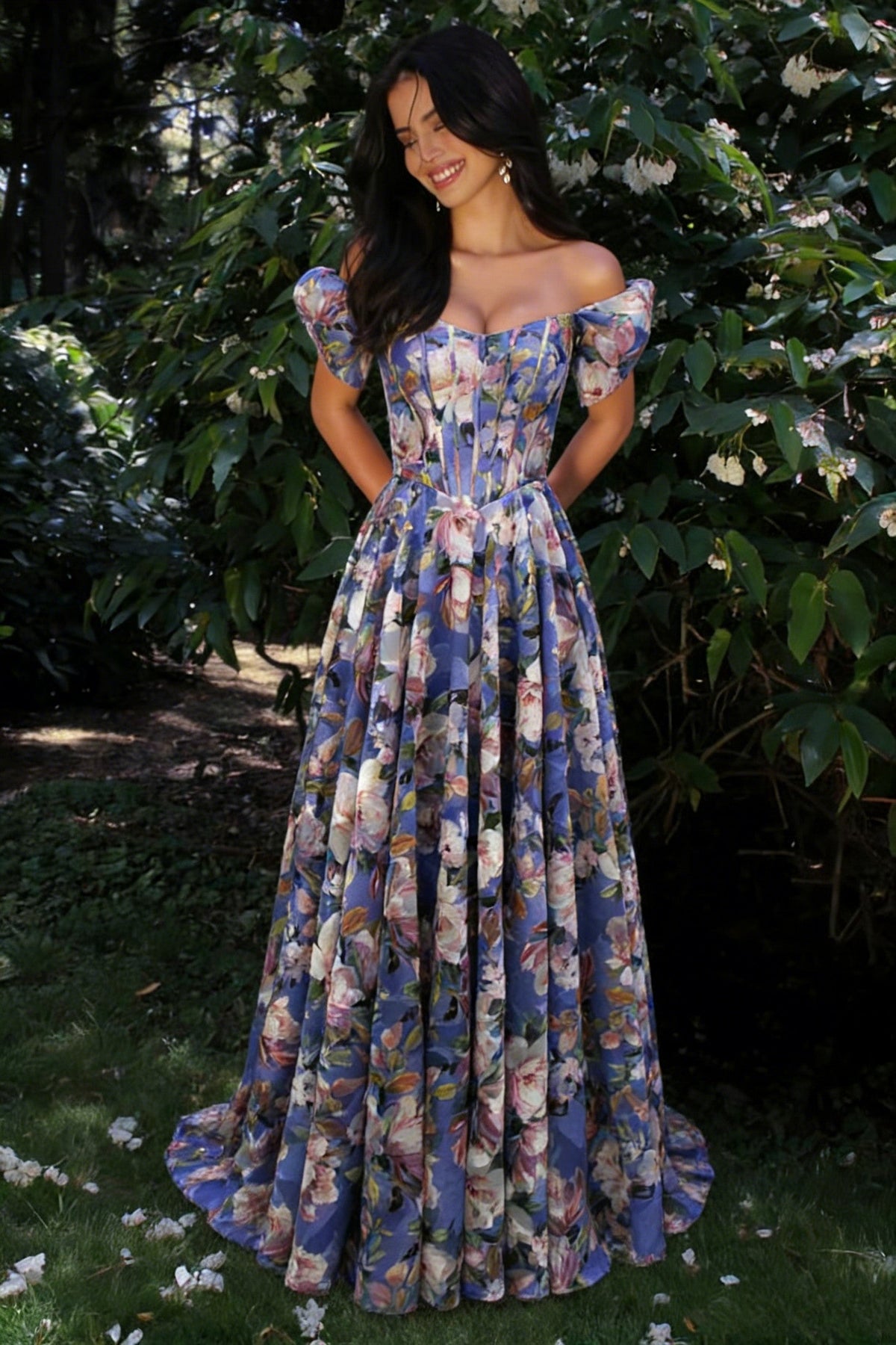 Floral Off-Shoulder A-Line Prom Dress with Corset Top and Puff Sleeves