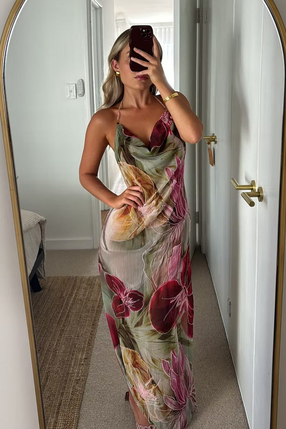 Floral Halter Neck Prom Gown with Open Back and Draped Neckline Detail