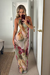 Floral Halter Neck Prom Gown with Open Back and Draped Neckline Detail