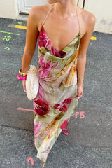 Floral Halter Neck Prom Gown with Open Back and Draped Neckline Detail