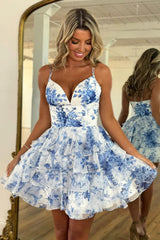 Romantic A Line Printed Homecoming Dress with Thin Straps and Flowy Skirt