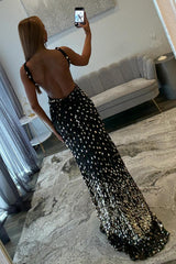 Sophisticated Black Beaded Mermaid Prom Gown with Plunge Neckline and Slit