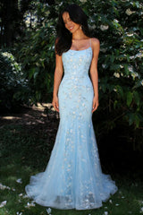 Chic Glitter Light Blue Mermaid Prom Dress with Spaghetti Straps & Floral Accents