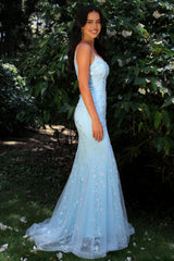 Chic Glitter Light Blue Mermaid Prom Dress with Spaghetti Straps & Floral Accents